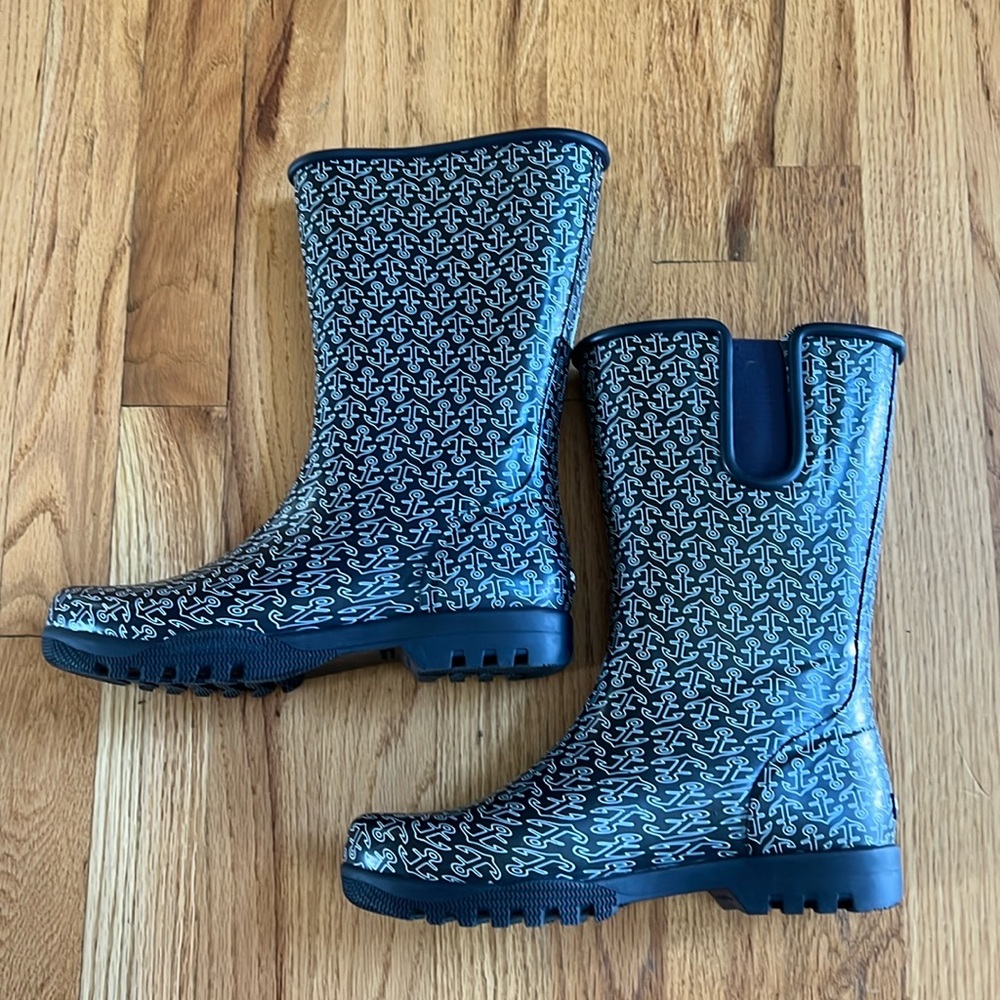 SPERRY Lined Rain Boots, Navy/White Anchor Print, Size 7
